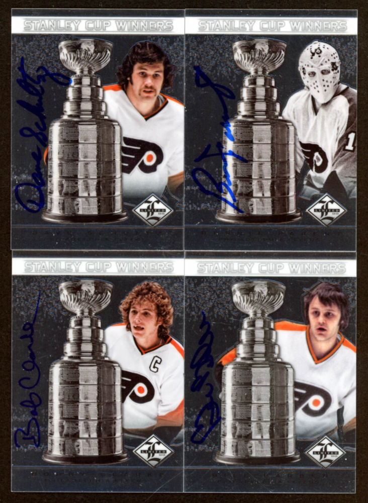 Lot of (4) 2012-2013 Limited Stanley Cup Winners Signatures with Bill Barber #SC15, Bobby Clarke #SC28, Dave Schultz #SC10 & Bernie Parent #SC2