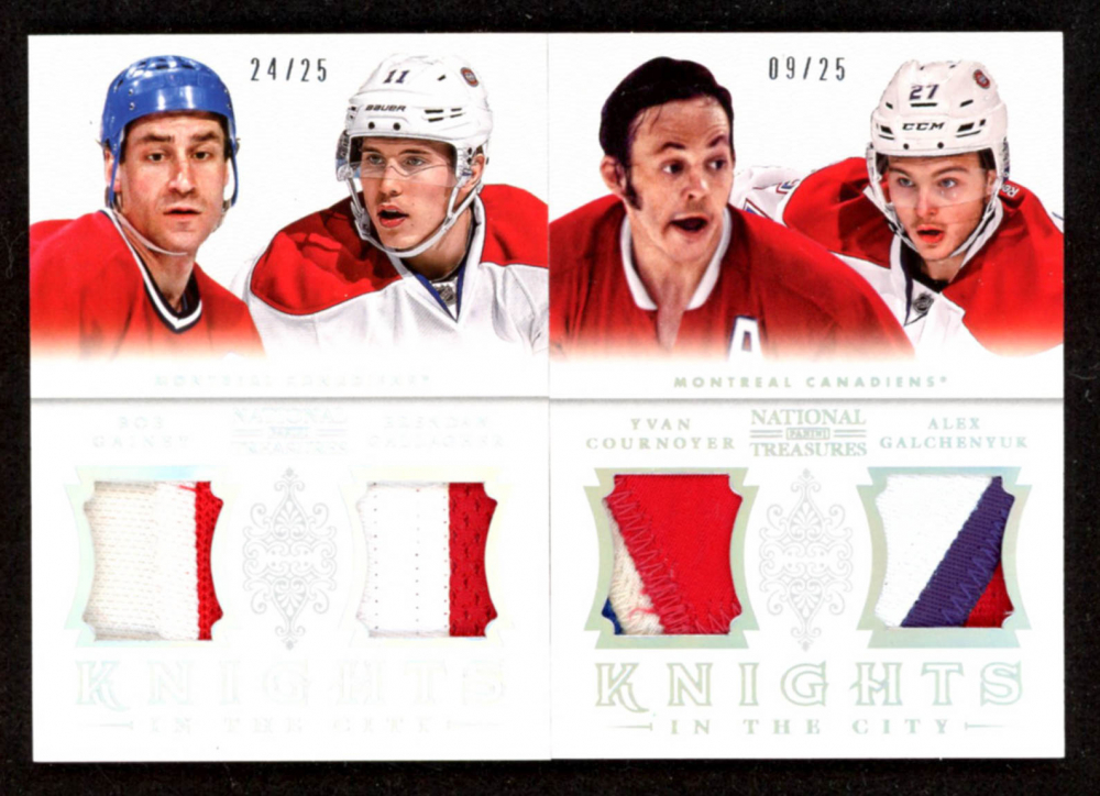Lot of (2) 2013-14 Panini National Treasures Knights In The City Materials Prime with Bob Gainey / Brendan Gallagher #4 & Yvan Cournoyer / Alex Galchenyuk #11
