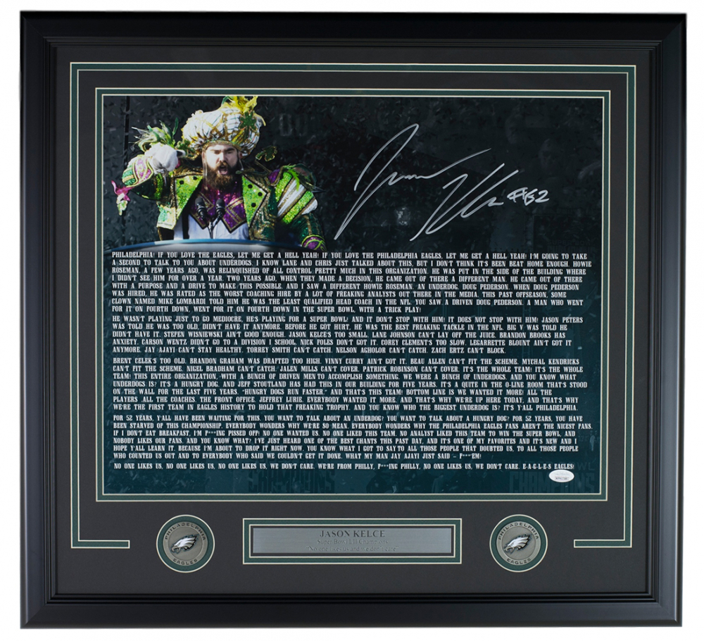 Framed Jason Kelce Super Bowl Parade Speech Transcript | Philadelphia Eagles | 12x15 Photo | JSA Authentication | HOFSM.COM