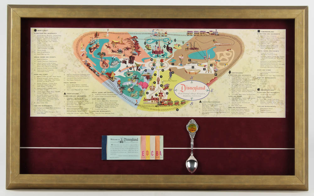1963 Disneyland Map 16x26 Custom Framed Print Display with Vintage Ticket Book & Vintage Souvenir Spoon at PristineAuction.com 1963 Disneyland Map 16x26 Custom Framed Print Display with Vintage Ticket Book & Vintage Souvenir Spoon at PristineAuction.com