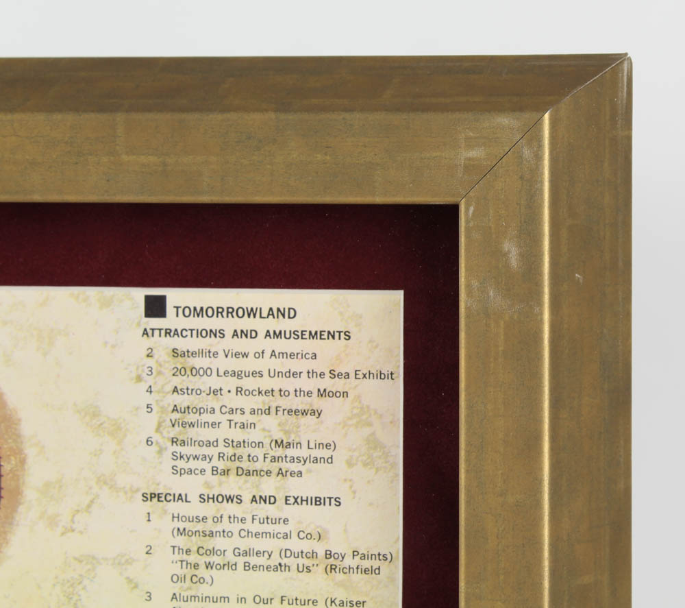 1963 Disneyland Map 16x26 Custom Framed Print Display with Vintage Ticket Book & Vintage Souvenir Spoon at PristineAuction.com 1963 Disneyland Map 16x26 Custom Framed Print Display with Vintage Ticket Book & Vintage Souvenir Spoon at PristineAuction.com