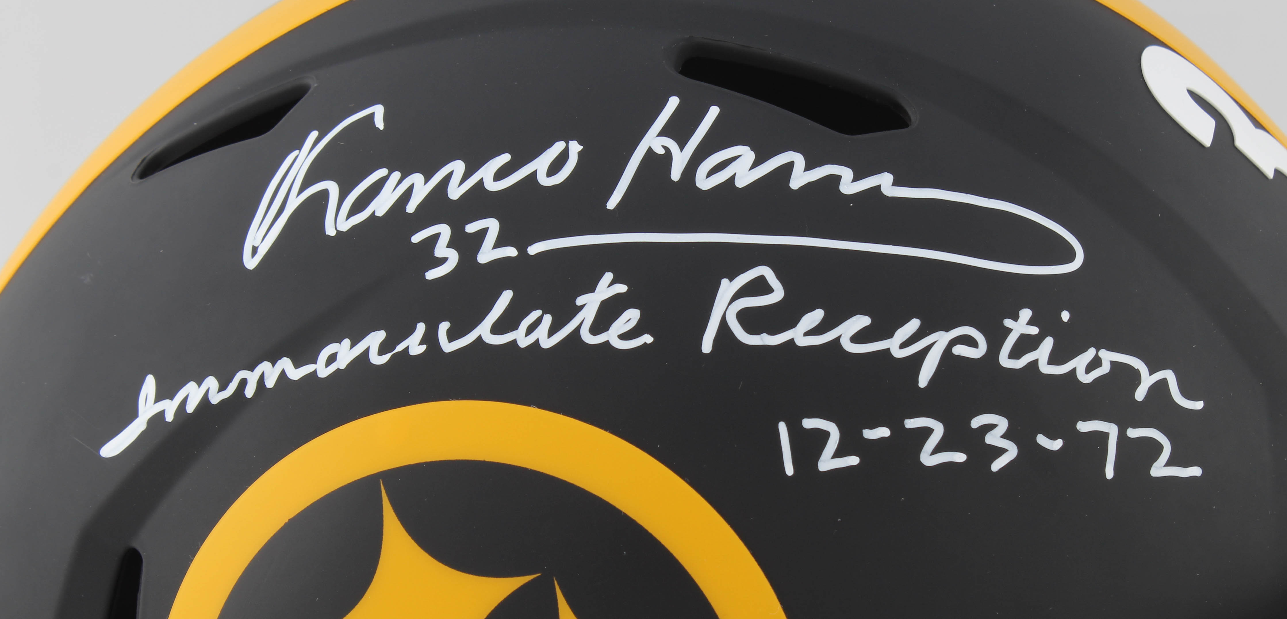 Franco Harris Signed Steelers Eclipse Alternate Speed Full-Size Helmet Inscribed "Immaculate Reception 12-23-72" (Beckett COA) at PristineAuction.com Franco Harris Signed Steelers Eclipse Alternate Speed Full-Size Helmet Inscribed "Immaculate Reception 12-23-72" (Beckett COA) at PristineAuction.com