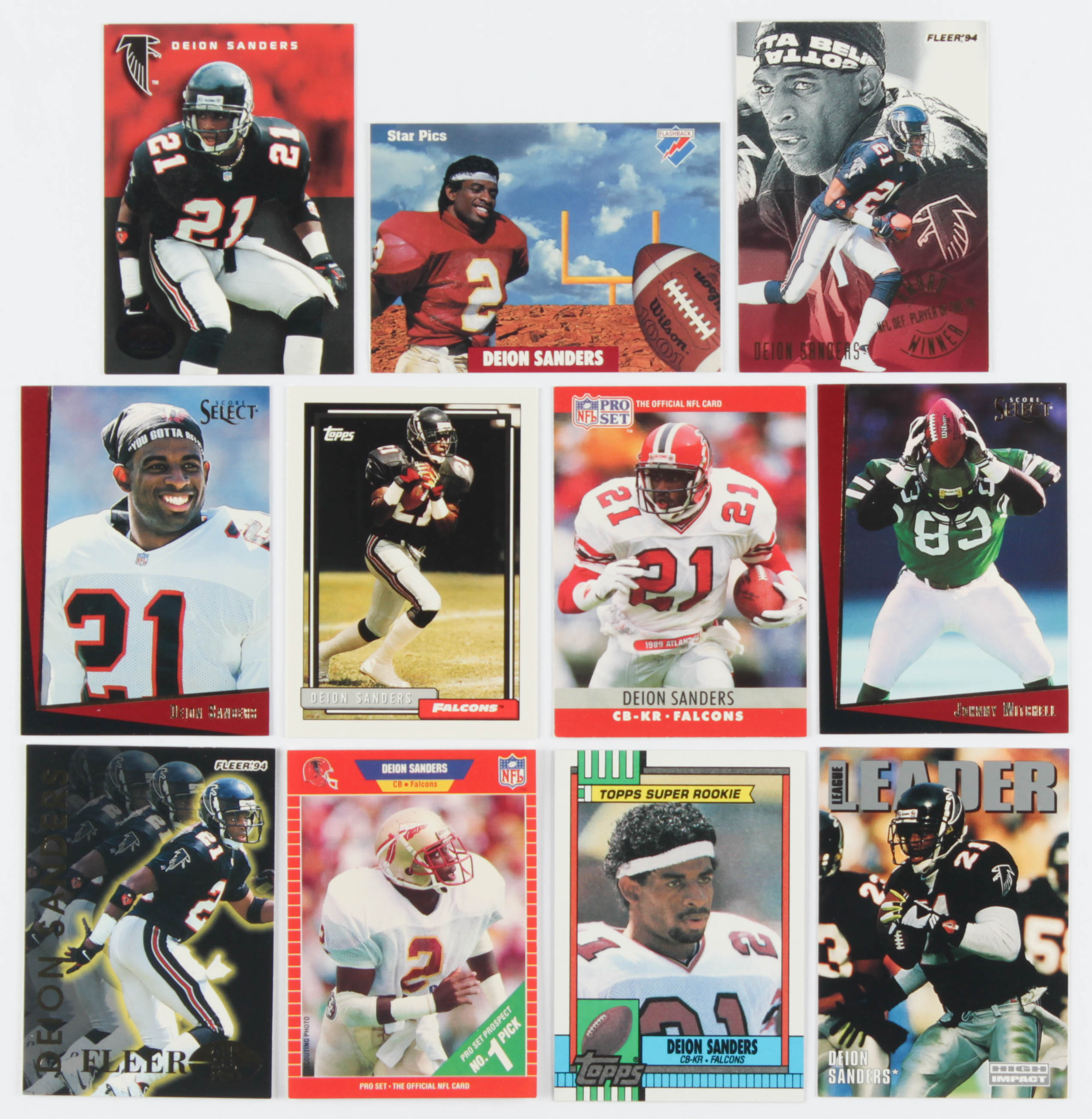 Lot of (11) Assorted Football Cards with Deion Sanders 1994 Fleer Award Winners #3, Deion Sanders 1990 Topps #469, Johnny Mitchell 1993 Select #8, Deion Sanders 1991 Star Pics #80 at PristineAuction.com Lot of (11) Assorted Football Cards with Deion Sanders 1994 Fleer Award Winners #3, Deion Sanders 1990 Topps #469, Johnny Mitchell 1993 Select #8, Deion Sanders 1991 Star Pics #80 at PristineAuction.com