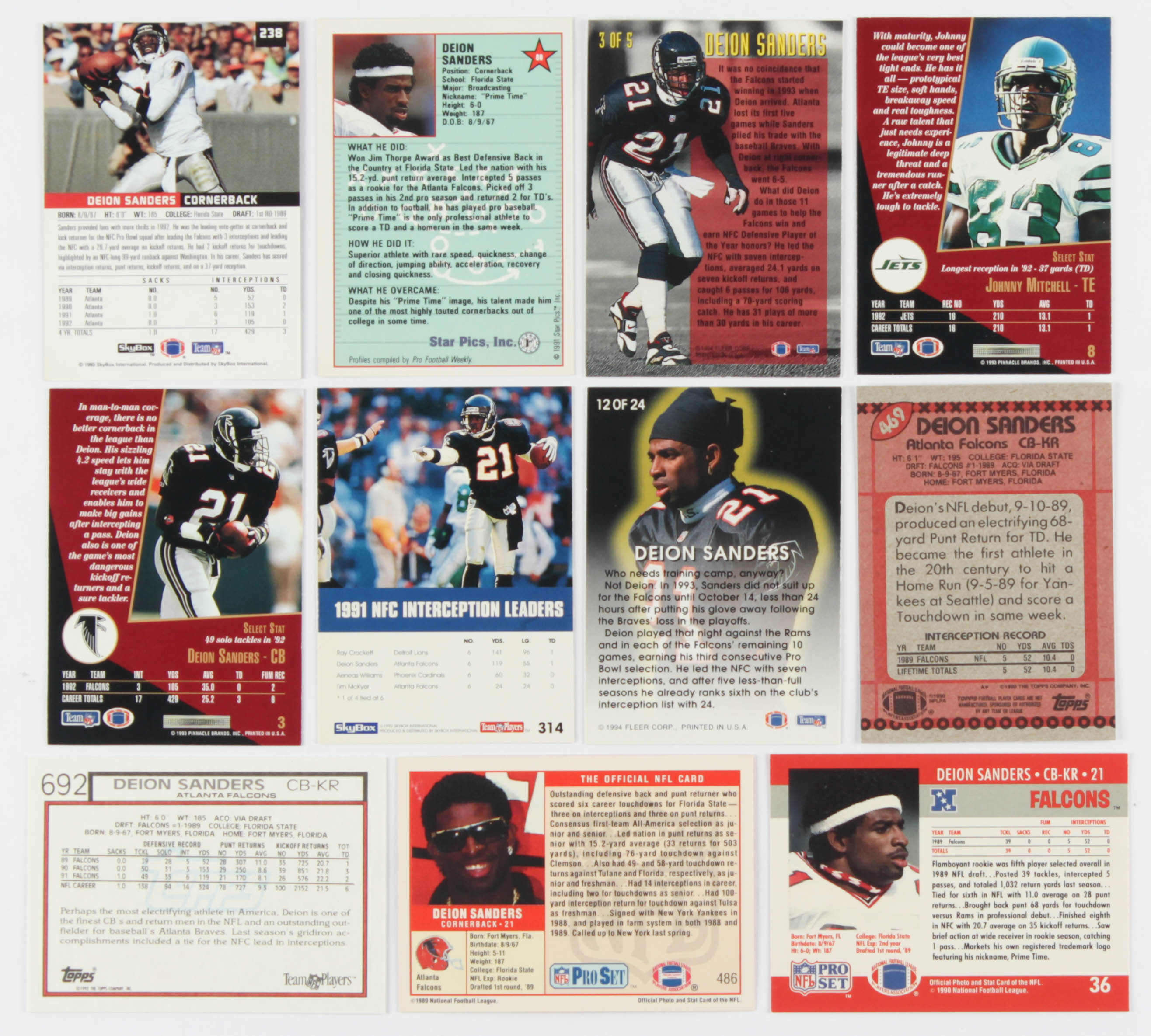 Lot of (11) Assorted Football Cards with Deion Sanders 1994 Fleer Award Winners #3, Deion Sanders 1990 Topps #469, Johnny Mitchell 1993 Select #8, Deion Sanders 1991 Star Pics #80 at PristineAuction.com Lot of (11) Assorted Football Cards with Deion Sanders 1994 Fleer Award Winners #3, Deion Sanders 1990 Topps #469, Johnny Mitchell 1993 Select #8, Deion Sanders 1991 Star Pics #80 at PristineAuction.com