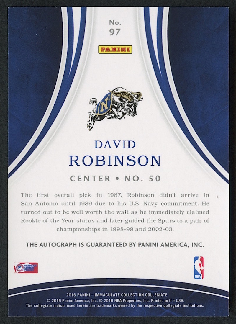 David Robinson 2016-17 Immaculate Collection Collegiate Autographs #97 - #06/25 at PristineAuction.com David Robinson 2016-17 Immaculate Collection Collegiate Autographs #97 - #06/25 at PristineAuction.com