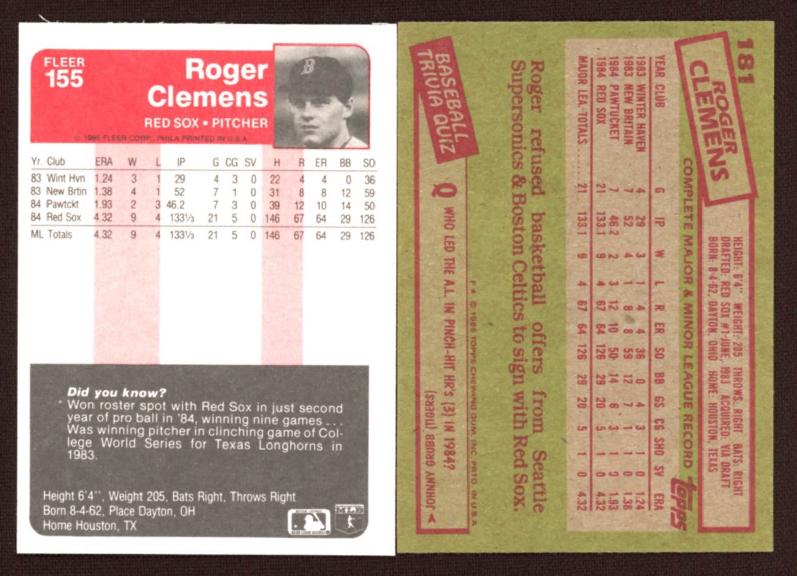 Lot of (2) Roger Clemens Baseball Cards with 1985 Fleer #155 RC & 1985 ...