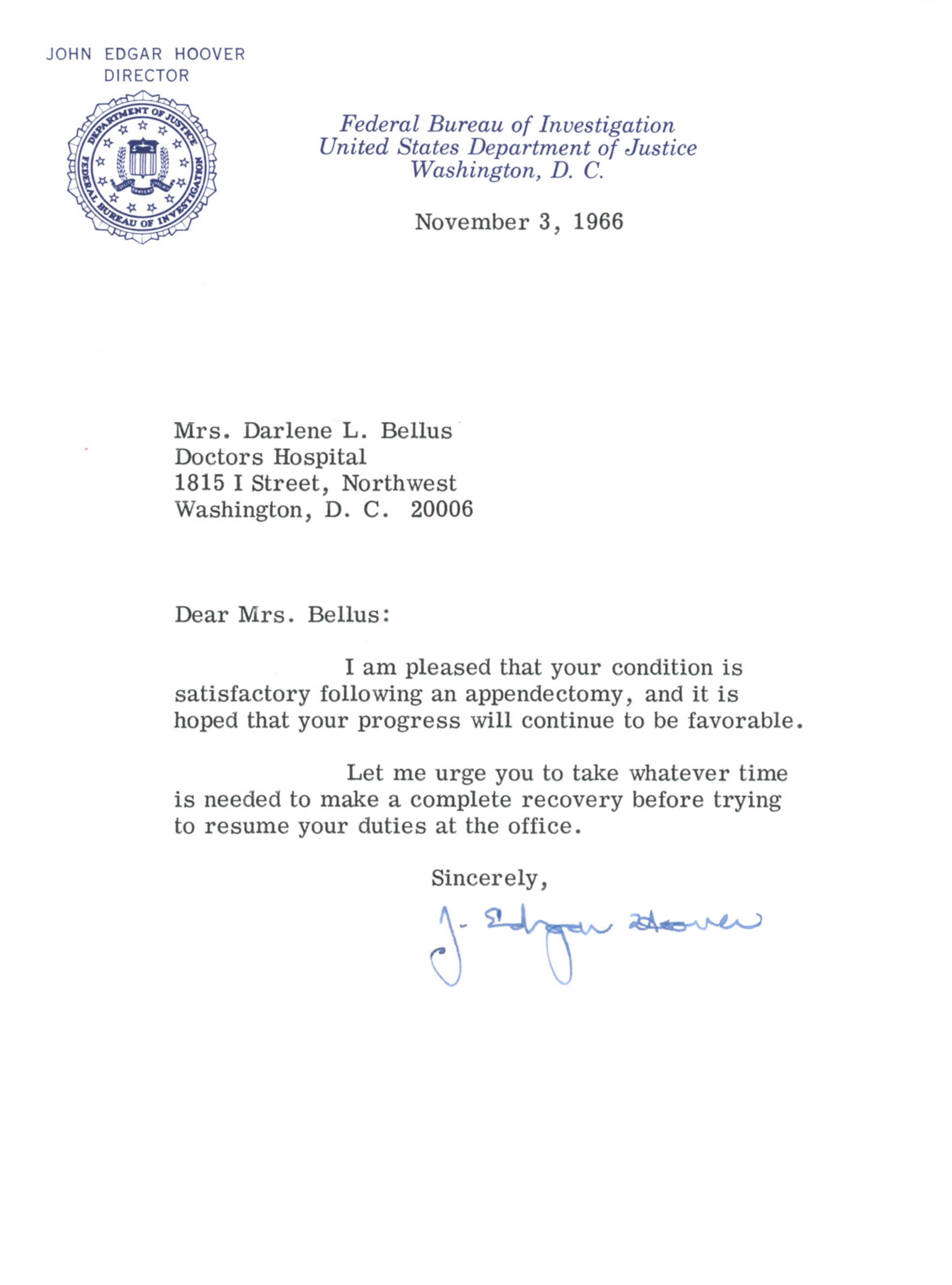 J. Edgar Hoover Signed 1966 FBI Letter (Beckett COA) at PristineAuction.com J. Edgar Hoover Signed 1966 FBI Letter (Beckett COA) at PristineAuction.com