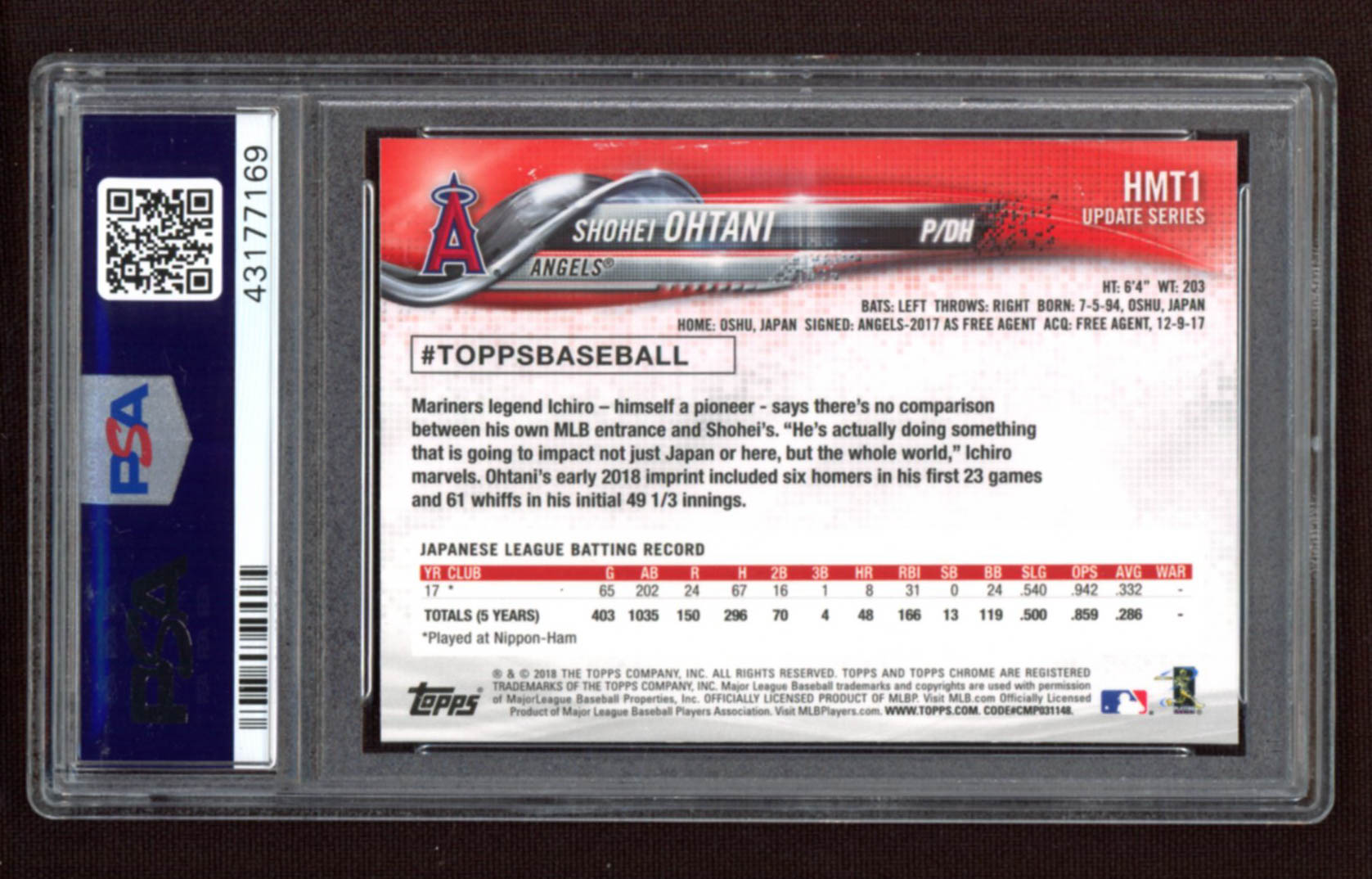 Shohei Ohtani 2018 Topps Chrome Update #HMT1 RC (PSA 10) at PristineAuction.com Shohei Ohtani 2018 Topps Chrome Update #HMT1 RC (PSA 10) at PristineAuction.com