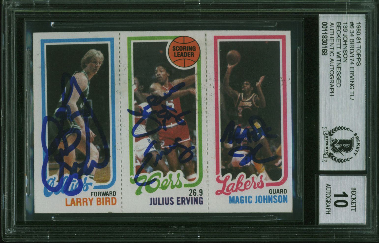 Larry Bird, Julius Erving & Magic Johnson Signed 1980-81 Topps #6 #34 RC /#174 / #139 RC (BGS Encapsulated) at PristineAuction.com Larry Bird, Julius Erving & Magic Johnson Signed 1980-81 Topps #6 #34 RC /#174 / #139 RC (BGS Encapsulated) at PristineAuction.com