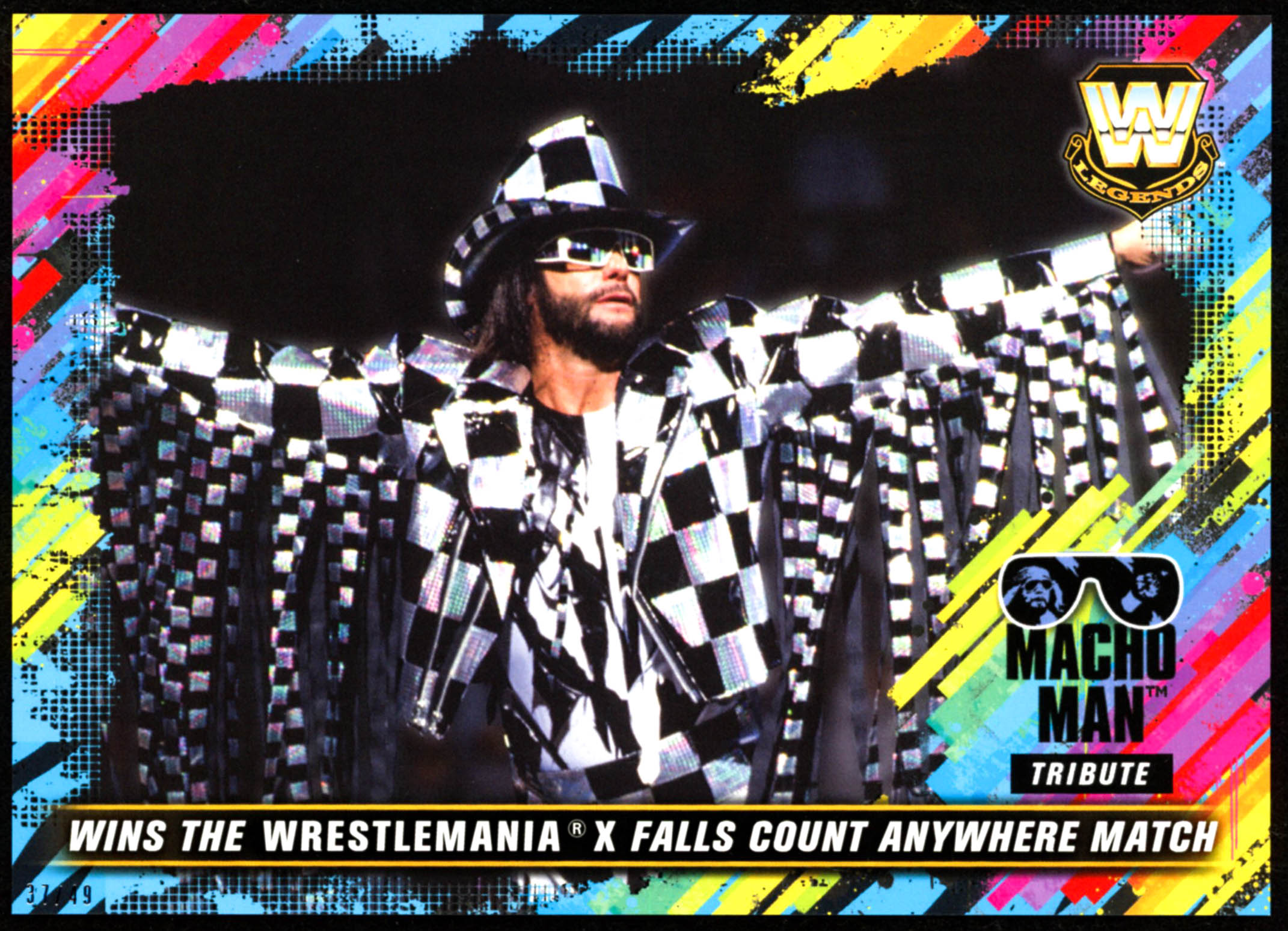 Macho Man Randy Savage 2018 Topps WWE Tribute 5x7 #25 Wins the WrestleMania X Falls Count Anywhere Match at PristineAuction.com Macho Man Randy Savage 2018 Topps WWE Tribute 5x7 #25 Wins the WrestleMania X Falls Count Anywhere Match at PristineAuction.com