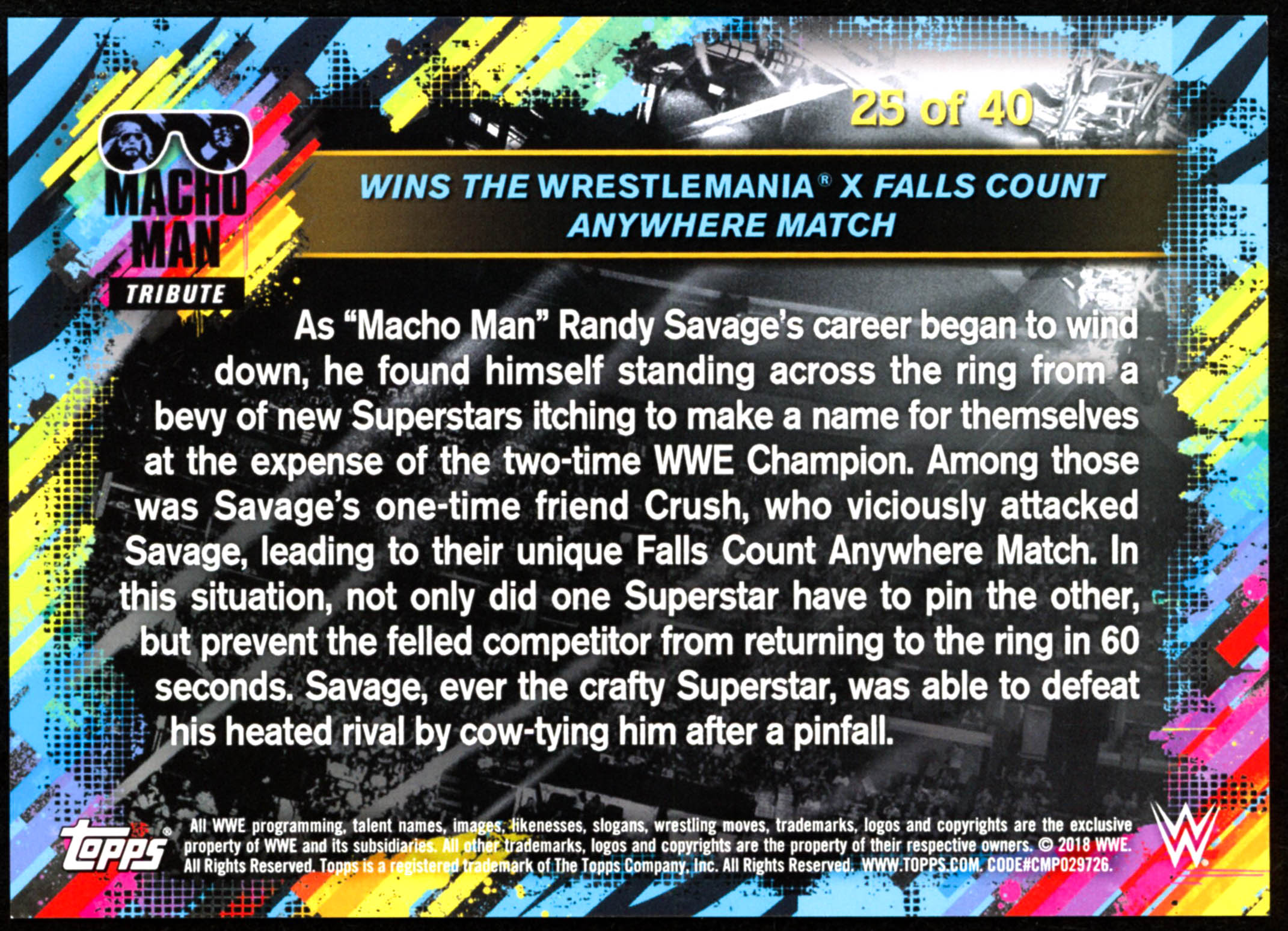 Macho Man Randy Savage 2018 Topps WWE Tribute 5x7 #25 Wins the WrestleMania X Falls Count Anywhere Match at PristineAuction.com Macho Man Randy Savage 2018 Topps WWE Tribute 5x7 #25 Wins the WrestleMania X Falls Count Anywhere Match at PristineAuction.com