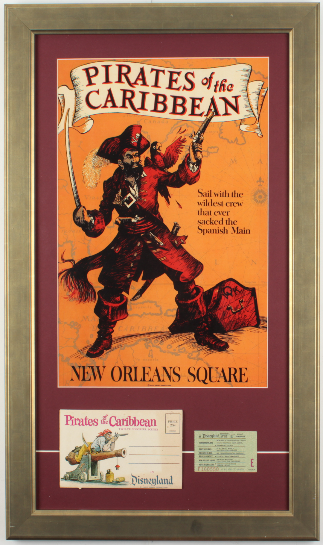 Disneyland "Pirates of the Caribbean" 15.75x26.75 Custom Framed Print with Pirates of the Caribbean Photo Portfolio & Vintage Ticket at PristineAuction.com Disneyland "Pirates of the Caribbean" 15.75x26.75 Custom Framed Print with Pirates of the Caribbean Photo Portfolio & Vintage Ticket at PristineAuction.com