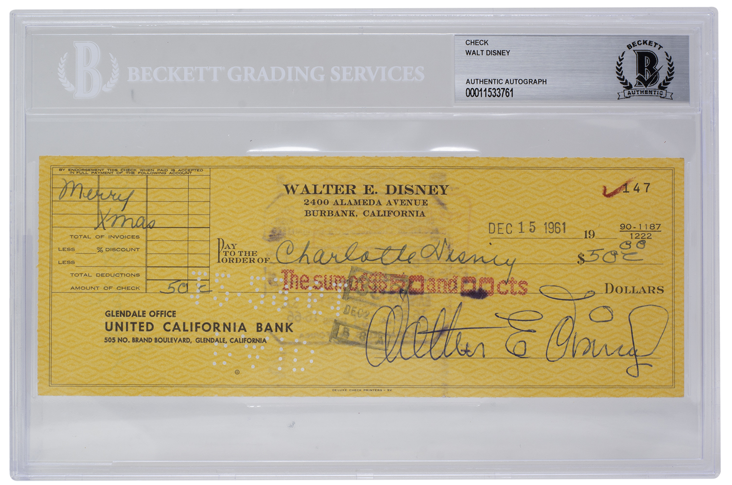 Walt Disney Signed 1961 Personal Check (BAS Encapsulated) at PristineAuction.com Walt Disney Signed 1961 Personal Check (BAS Encapsulated) at PristineAuction.com