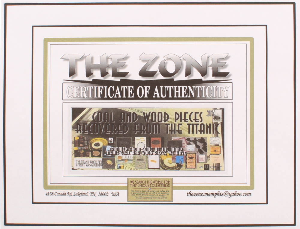Authentic Coal & Wood Relic Piece From Titanic Wreckage on 6x8 Photo (The Zone COA) at PristineAuction.com Authentic Coal & Wood Relic Piece From Titanic Wreckage on 6x8 Photo (The Zone COA) at PristineAuction.com