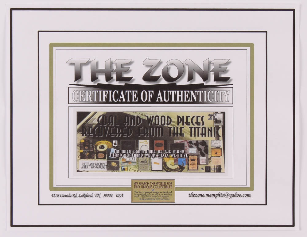 Authentic Coal & Wood Relic Piece From Titanic Wreckage on 6x8 Photo (The Zone COA) at PristineAuction.com Authentic Coal & Wood Relic Piece From Titanic Wreckage on 6x8 Photo (The Zone COA) at PristineAuction.com