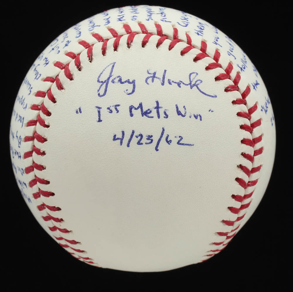 Jay Hook - Hand Written & Signed Story OML Baseball - "First New York Mets Win - April 23, 1962" (Stallard COA & JSA COA) at PristineAuction.com Jay Hook - Hand Written & Signed Story OML Baseball - "First New York Mets Win - April 23, 1962" (Stallard COA & JSA COA) at PristineAuction.com