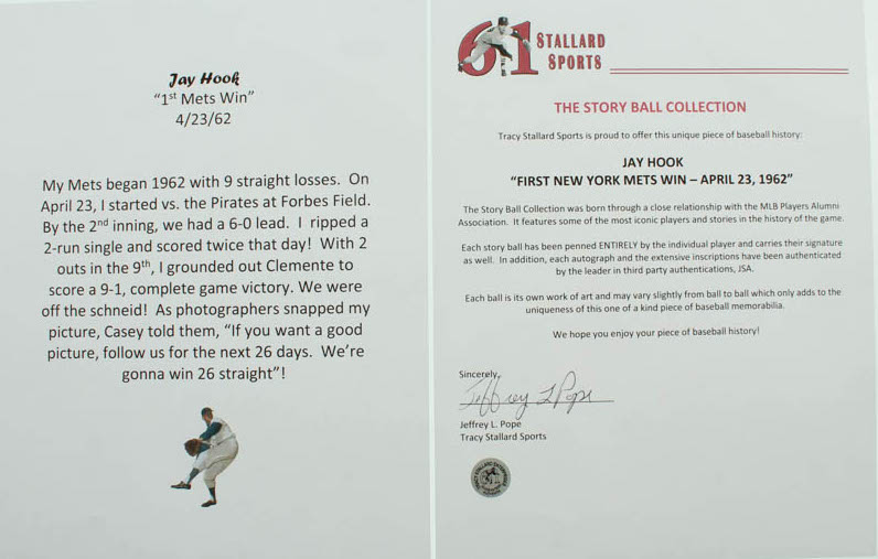 Jay Hook - Hand Written & Signed Story OML Baseball - "First New York Mets Win - April 23, 1962" (Stallard COA & JSA COA) at PristineAuction.com Jay Hook - Hand Written & Signed Story OML Baseball - "First New York Mets Win - April 23, 1962" (Stallard COA & JSA COA) at PristineAuction.com