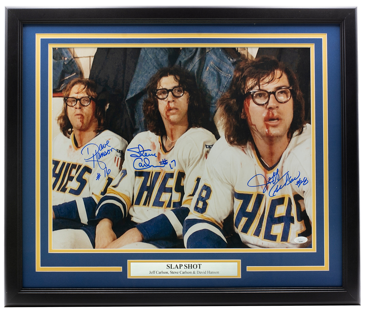 Dave Hanson, Steve Carlson & Jeff Carlson Signed Hanson Brothers "Slap Shot" Chiefs 22x27 Custom Framed Photo (JSA COA) at PristineAuction.com Dave Hanson, Steve Carlson & Jeff Carlson Signed Hanson Brothers "Slap Shot" Chiefs 22x27 Custom Framed Photo (JSA COA) at PristineAuction.com