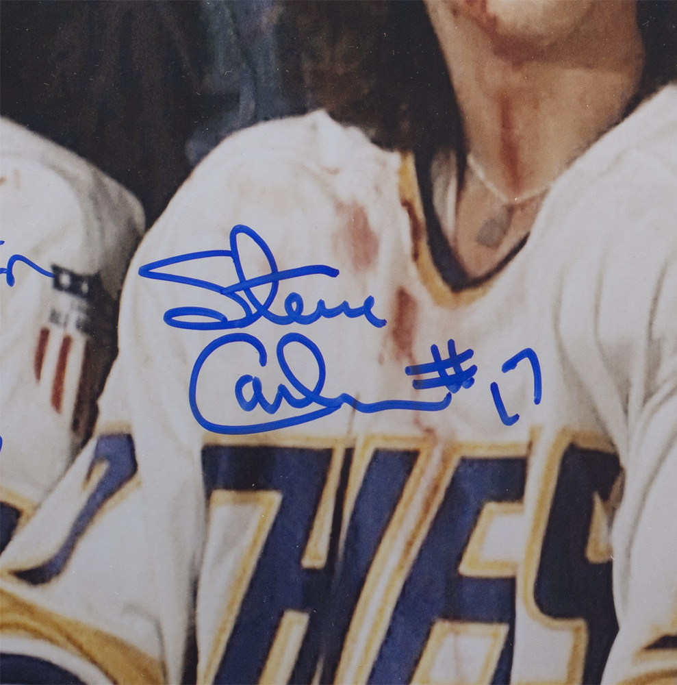 Dave Hanson, Steve Carlson & Jeff Carlson Signed Hanson Brothers "Slap Shot" Chiefs 22x27 Custom Framed Photo (JSA COA) at PristineAuction.com Dave Hanson, Steve Carlson & Jeff Carlson Signed Hanson Brothers "Slap Shot" Chiefs 22x27 Custom Framed Photo (JSA COA) at PristineAuction.com
