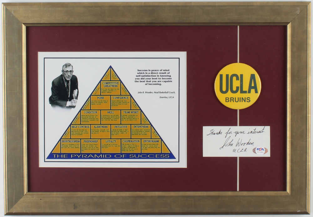 John Wooden Signed 14x19.5 Custom Framed Cut Display with Vintage UCLA