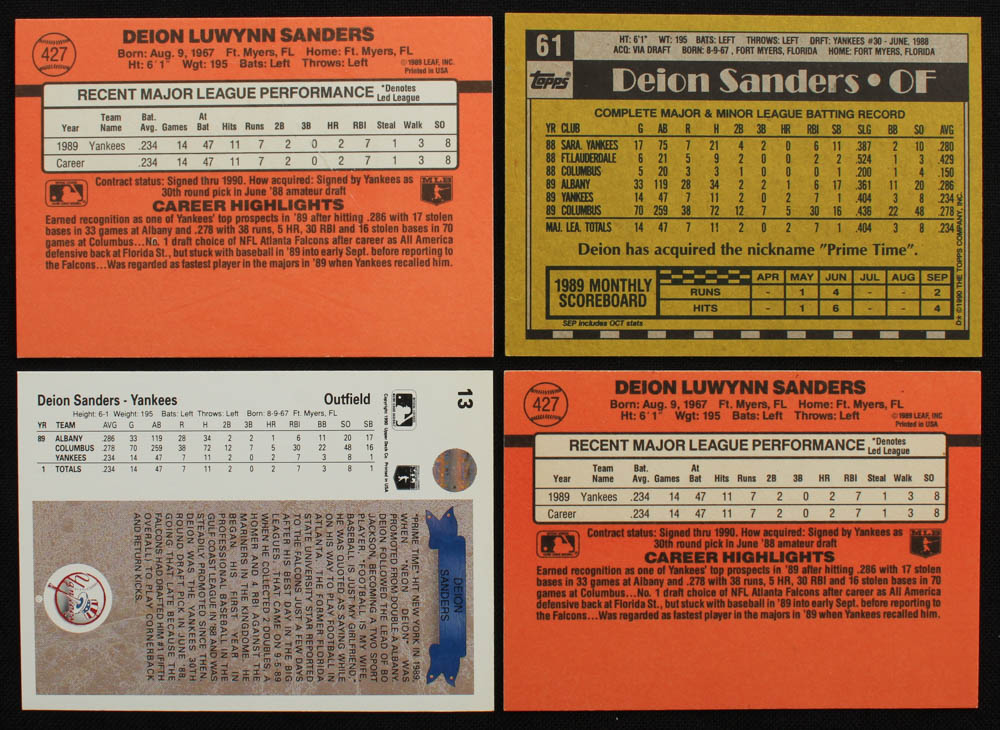 Lot of (4) Deion Sanders Baseball Cards with (2) 1990 Donruss #427, 1990 Upper Deck #13, 1990 Topps #61 at PristineAuction.com Lot of (4) Deion Sanders Baseball Cards with (2) 1990 Donruss #427, 1990 Upper Deck #13, 1990 Topps #61 at PristineAuction.com