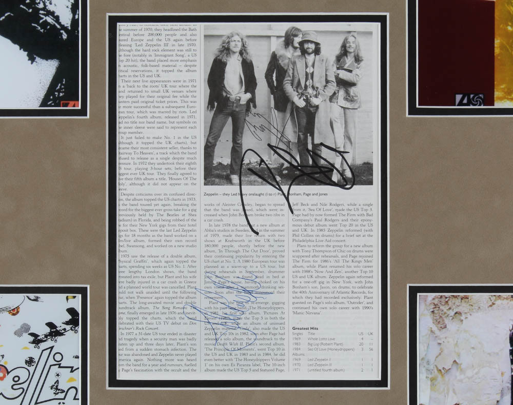 John Paul Jones, Jimmy Page, & Robert Plant Signed Led Zepplin 28.5x32.5 Custom Framed Book Page Display (JSA) at PristineAuction.com John Paul Jones, Jimmy Page, & Robert Plant Signed Led Zepplin 28.5x32.5 Custom Framed Book Page Display (JSA) at PristineAuction.com