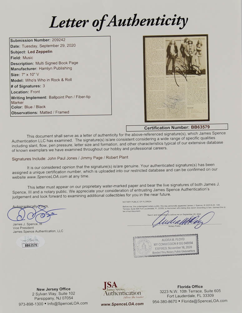 John Paul Jones, Jimmy Page, & Robert Plant Signed Led Zepplin 28.5x32.5 Custom Framed Book Page Display (JSA) at PristineAuction.com John Paul Jones, Jimmy Page, & Robert Plant Signed Led Zepplin 28.5x32.5 Custom Framed Book Page Display (JSA) at PristineAuction.com