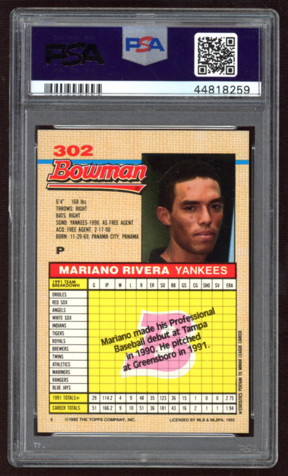 Mariano Rivera 1992 Bowman #302 RC (PSA 9) at PristineAuction.com Mariano Rivera 1992 Bowman #302 RC (PSA 9) at PristineAuction.com