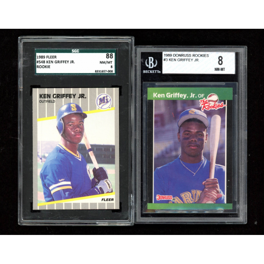 Lot of (2) Graded Ken Griffey Jr. Baseball Cards with 1989 Fleer #548 RC  (SGC 8) & 1989 Donruss Rookies #3 Ken Griffey Jr. (BGS 8) | Pristine Auction