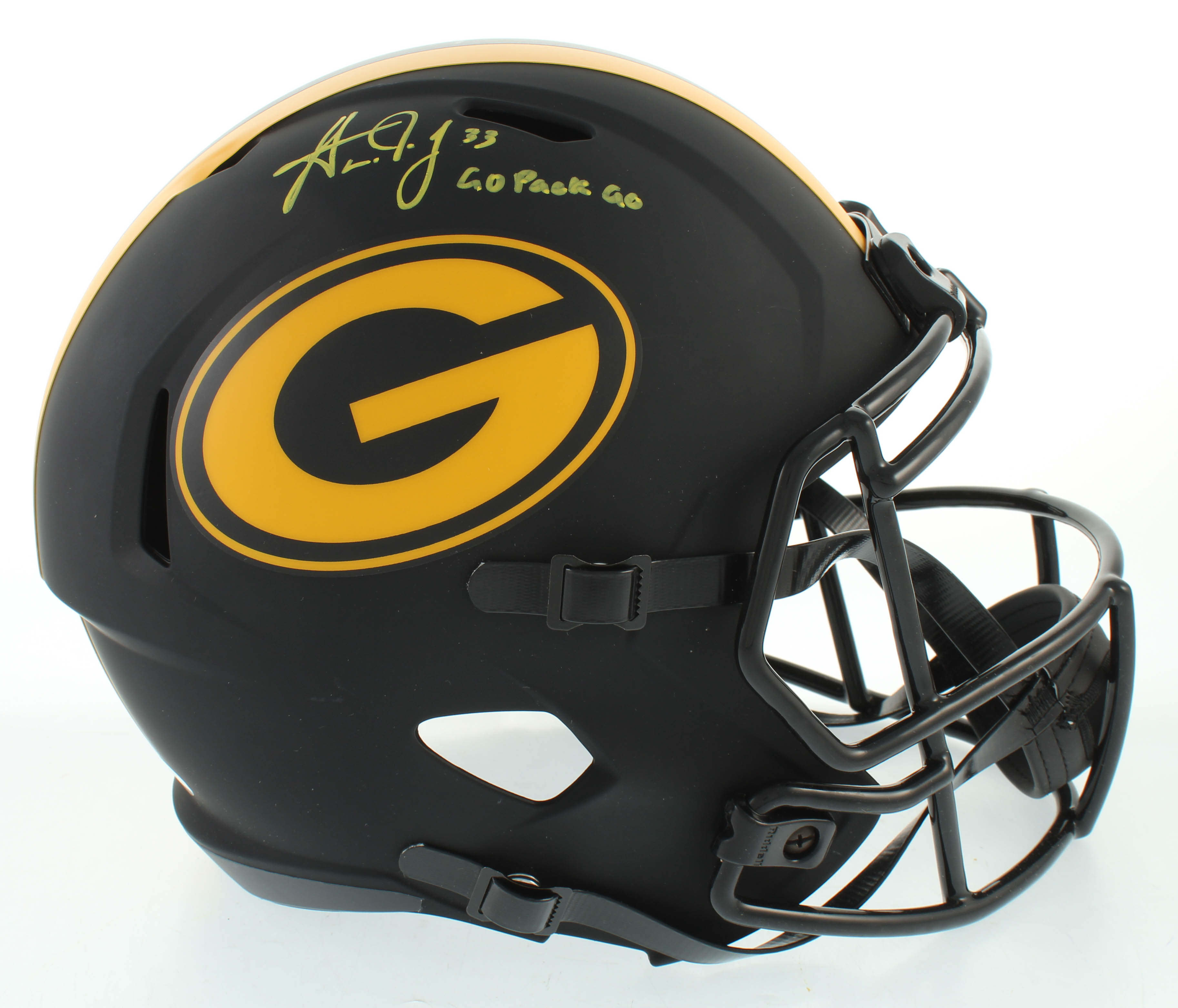 Aaron Jones Signed Packers Full-Size Eclipse Alternate Speed Helmet Inscribed "Go Pack Go" (Beckett COA) at PristineAuction.com Aaron Jones Signed Packers Full-Size Eclipse Alternate Speed Helmet Inscribed "Go Pack Go" (Beckett COA) at PristineAuction.com