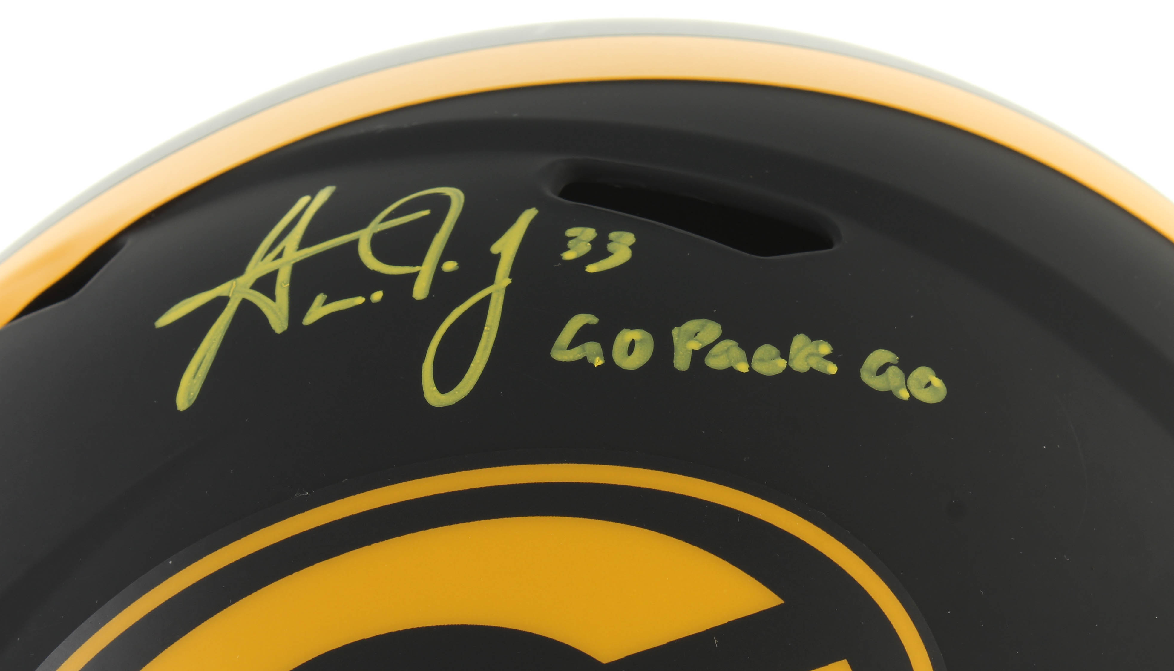 Aaron Jones Signed Packers Full-Size Eclipse Alternate Speed Helmet Inscribed "Go Pack Go" (Beckett COA) at PristineAuction.com Aaron Jones Signed Packers Full-Size Eclipse Alternate Speed Helmet Inscribed "Go Pack Go" (Beckett COA) at PristineAuction.com