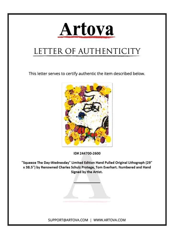 "Squeeze The Day-Wednesday" LE 29x38 Hand-Pulled Original Lithograph by Tom Everhart (Artova) at PristineAuction.com "Squeeze The Day-Wednesday" LE 29x38 Hand-Pulled Original Lithograph by Tom Everhart (Artova) at PristineAuction.com