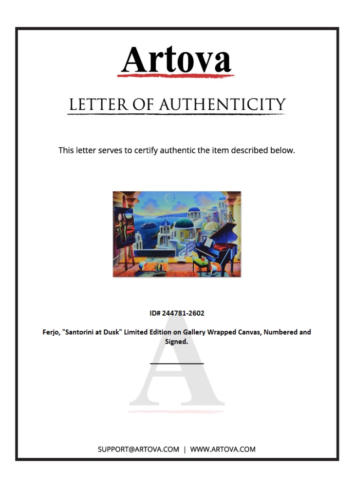 "Santorini at Dusk" LE 24x16 Giclee on Gallery Wrapped Canvas by Ferjo (Artova) at PristineAuction.com "Santorini at Dusk" LE 24x16 Giclee on Gallery Wrapped Canvas by Ferjo (Artova) at PristineAuction.com