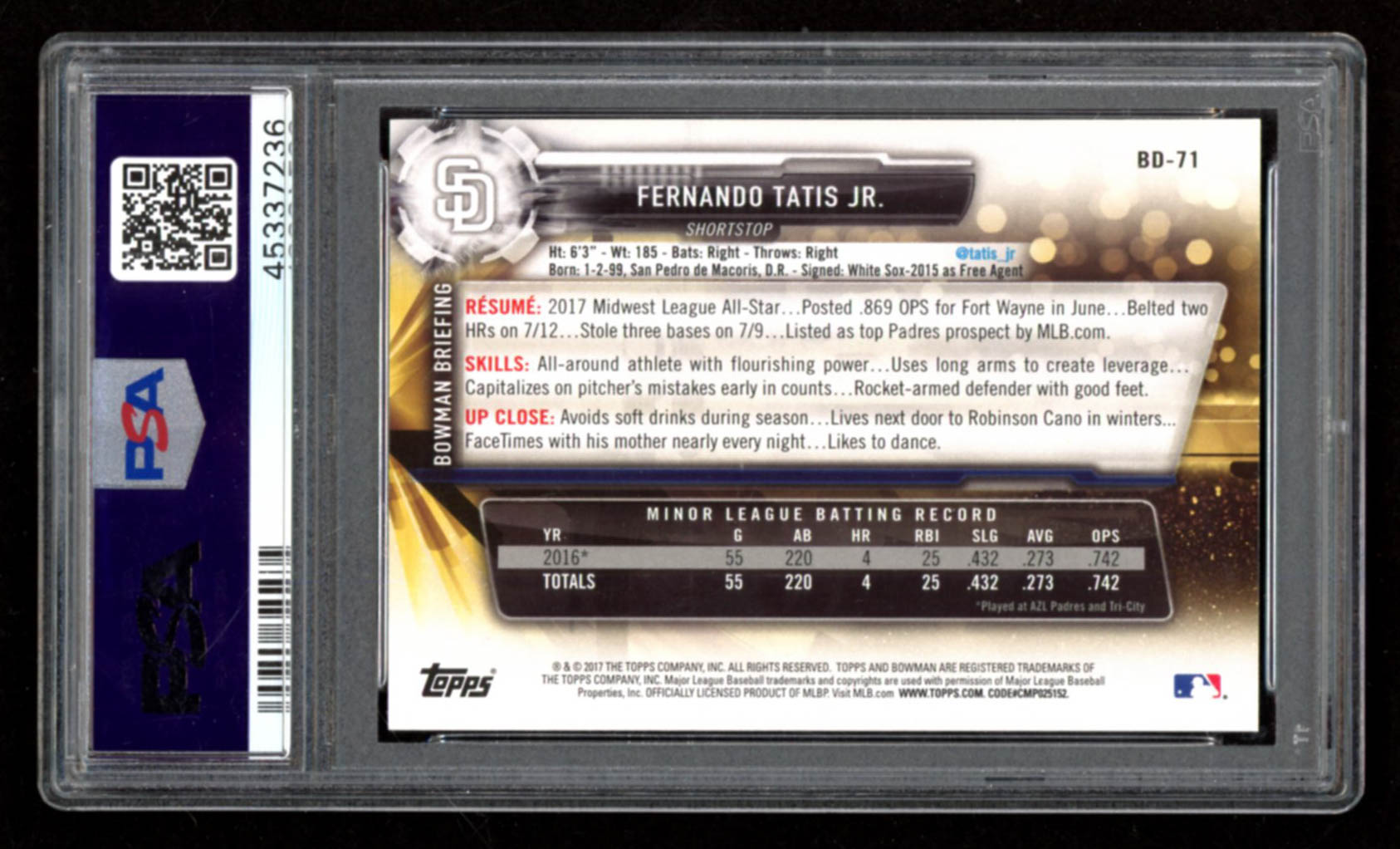 Fernando Tatis Jr. 2017 Bowman Draft #BD71 (PSA 10) at PristineAuction.com Fernando Tatis Jr. 2017 Bowman Draft #BD71 (PSA 10) at PristineAuction.com
