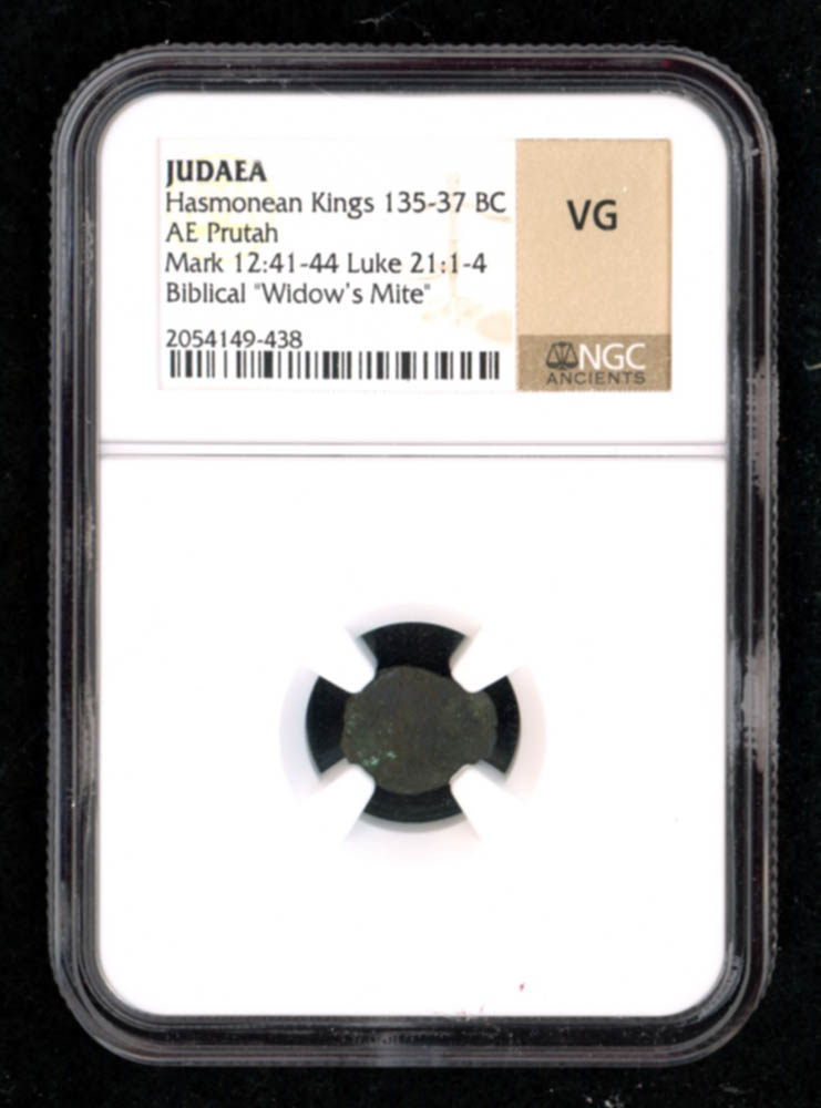 Biblical "Widow's Mite" 135-37 BC Judaean Prutah of the Maccabean Kings (NGC VG) at PristineAuction.com Biblical "Widow's Mite" 135-37 BC Judaean Prutah of the Maccabean Kings (NGC VG) at PristineAuction.com