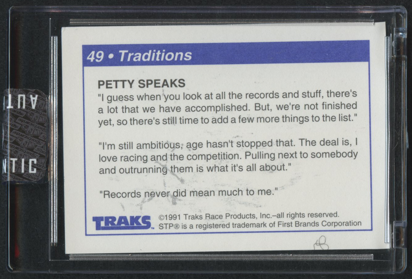 Richard Petty Signed 1991 Traks Richard Petty #49 (Sportscards Encapsulated) at PristineAuction.com Richard Petty Signed 1991 Traks Richard Petty #49 (Sportscards Encapsulated) at PristineAuction.com