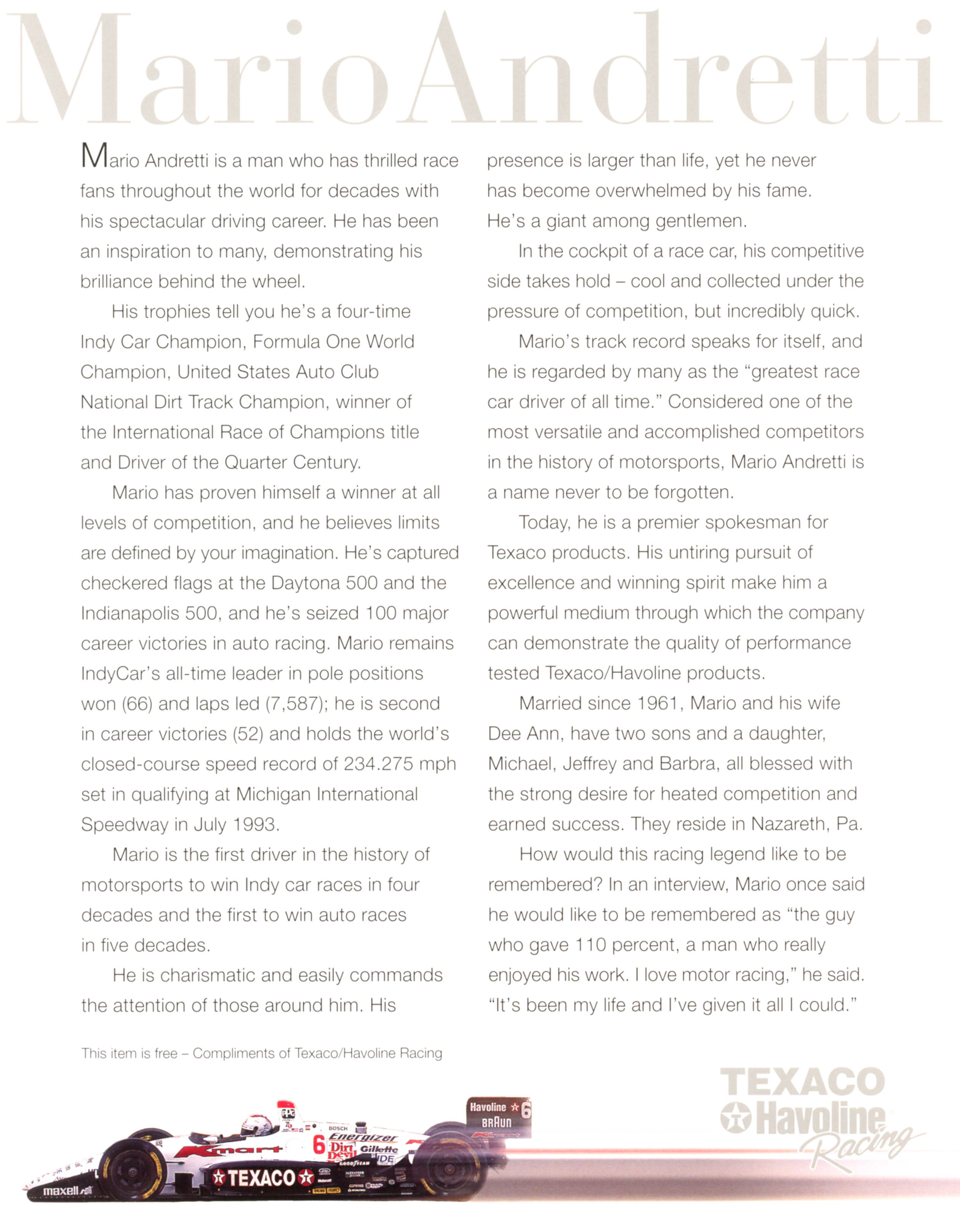 Mario Andretti Signed 8.5x11 Stat Photo (JSA COA) at PristineAuction.com Mario Andretti Signed 8.5x11 Stat Photo (JSA COA) at PristineAuction.com