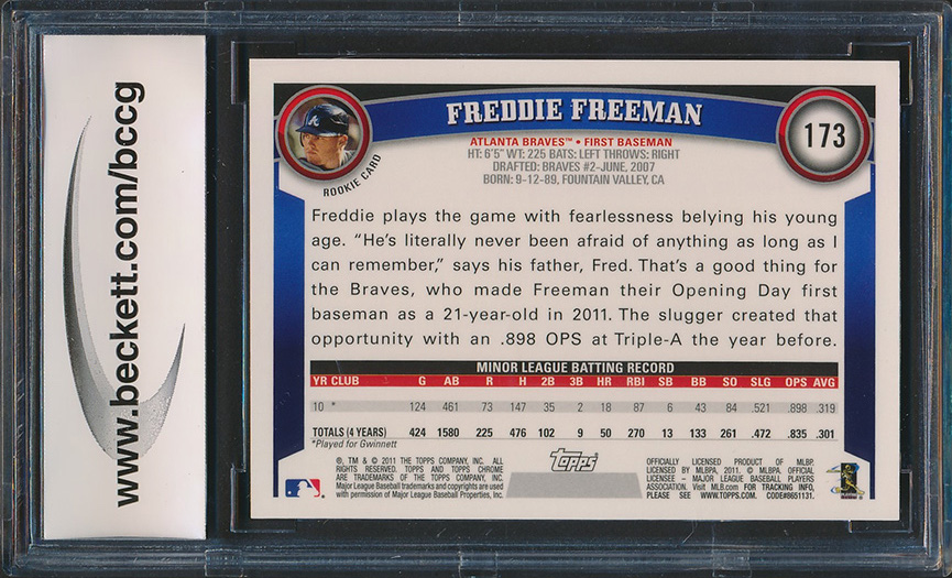 Freddie Freeman 2011 Topps Chrome Rookie Autographs #173 (BCCG 9) at PristineAuction.com Freddie Freeman 2011 Topps Chrome Rookie Autographs #173 (BCCG 9) at PristineAuction.com