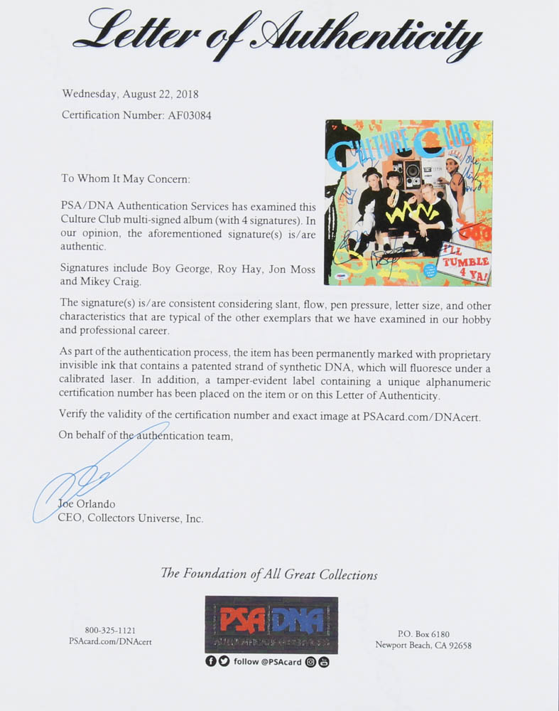 Culture Club "I'll Tumble 4 Ya" Vinyl Record Album Cover Band-Signed by (4) with Boy George, Roy Hay, Jon Moss & Mikey Craig (PSA LOA) at PristineAuction.com Culture Club "I'll Tumble 4 Ya" Vinyl Record Album Cover Band-Signed by (4) with Boy George, Roy Hay, Jon Moss & Mikey Craig (PSA LOA) at PristineAuction.com