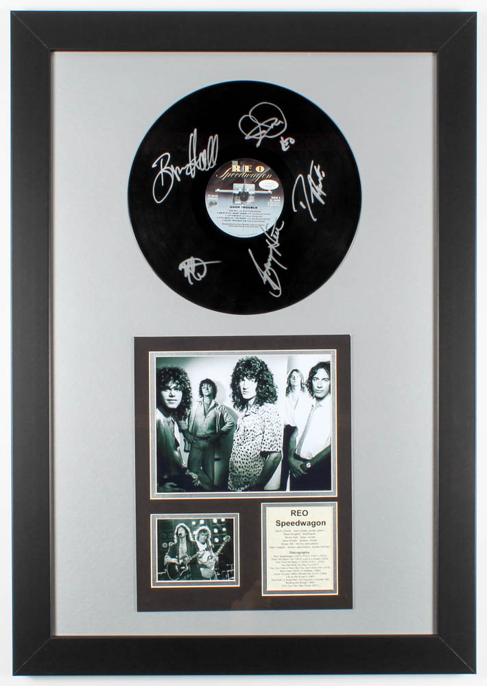 REO Speedwagon 23.5x33.5 Custom Framed Vinyl Record Display Band-Signed by (5) with Bruce Hall, Dave Amato, Bryan Hitt, Neal Doughty & Kevin Cronin (JSA COA) at PristineAuction.com REO Speedwagon 23.5x33.5 Custom Framed Vinyl Record Display Band-Signed by (5) with Bruce Hall, Dave Amato, Bryan Hitt, Neal Doughty & Kevin Cronin (JSA COA) at PristineAuction.com