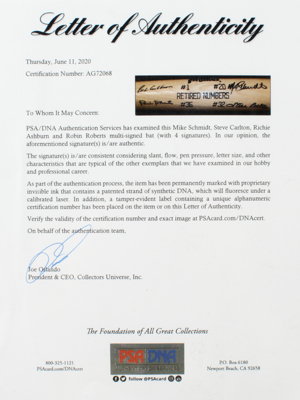 Phillies Retired Numbers Baseball Bat Signed by (4) with Mike Schmidt, Steve Carlton, Richie Ashburn & Robin Roberts (PSA LOA) at PristineAuction.com Phillies Retired Numbers Baseball Bat Signed by (4) with Mike Schmidt, Steve Carlton, Richie Ashburn & Robin Roberts (PSA LOA) at PristineAuction.com