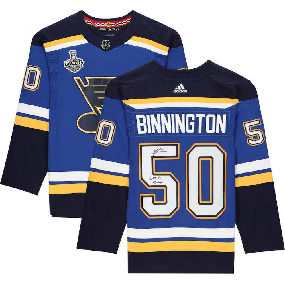 Jordan Binnington Signed Blues Jersey Inscribed "2019 SC Champs