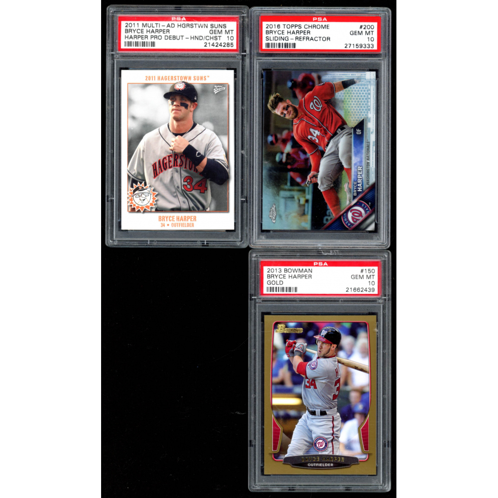 Lot of (3) PSA Graded 10 Bryce Harper Baseball Cards with 2016 Topps