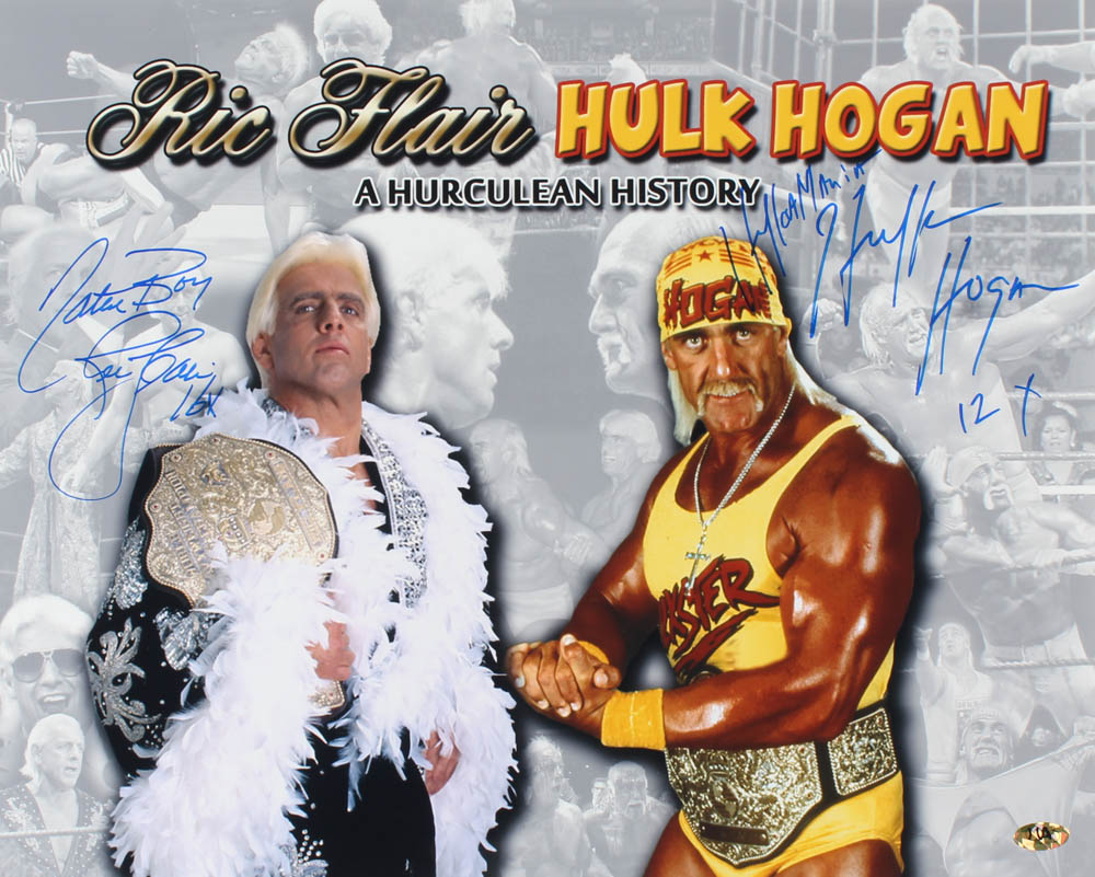 Hulk Hogan & Ric Flair Signed 16x20 Photo Inscribed "Hulkamania", "Nature Boy", "12x" & "16x" (MAB Hologram) at PristineAuction.com Hulk Hogan & Ric Flair Signed 16x20 Photo Inscribed "Hulkamania", "Nature Boy", "12x" & "16x" (MAB Hologram) at PristineAuction.com