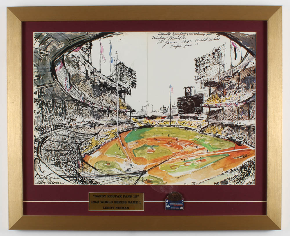 Leroy Neiman "Sandy Koufax 1963 World Series" 18.5x22.5 Custom Framed Print Display WIth 1963 World Series Pin at PristineAuction.com Leroy Neiman "Sandy Koufax 1963 World Series" 18.5x22.5 Custom Framed Print Display WIth 1963 World Series Pin at PristineAuction.com