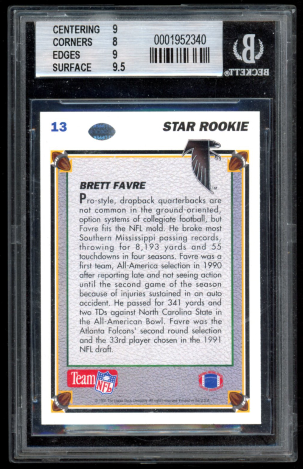 Brett Favre 1991 Upper Deck #13 RC (BGS 8.5) at PristineAuction.com Brett Favre 1991 Upper Deck #13 RC (BGS 8.5) at PristineAuction.com