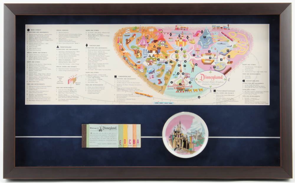 1963 Disneyland Map 15.5x25.5 Custom Framed Print Display with Vintage Ticket Book & Vintage Souvenir Dish at PristineAuction.com 1963 Disneyland Map 15.5x25.5 Custom Framed Print Display with Vintage Ticket Book & Vintage Souvenir Dish at PristineAuction.com