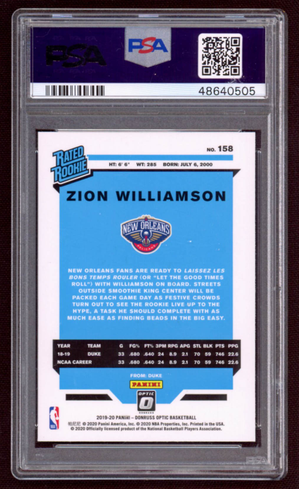 Zion Williamson 2019-20 Donruss Optic #158 RR RC (PSA 10) at PristineAuction.com Zion Williamson 2019-20 Donruss Optic #158 RR RC (PSA 10) at PristineAuction.com
