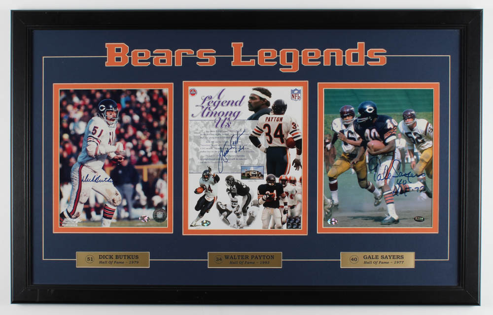Dick Butkus, Walter Payton, & Gale Sayers Signed Bears 20.5x32 Custom Framed Photo Display (SOP COA) at PristineAuction.com Dick Butkus, Walter Payton, & Gale Sayers Signed Bears 20.5x32 Custom Framed Photo Display (SOP COA) at PristineAuction.com