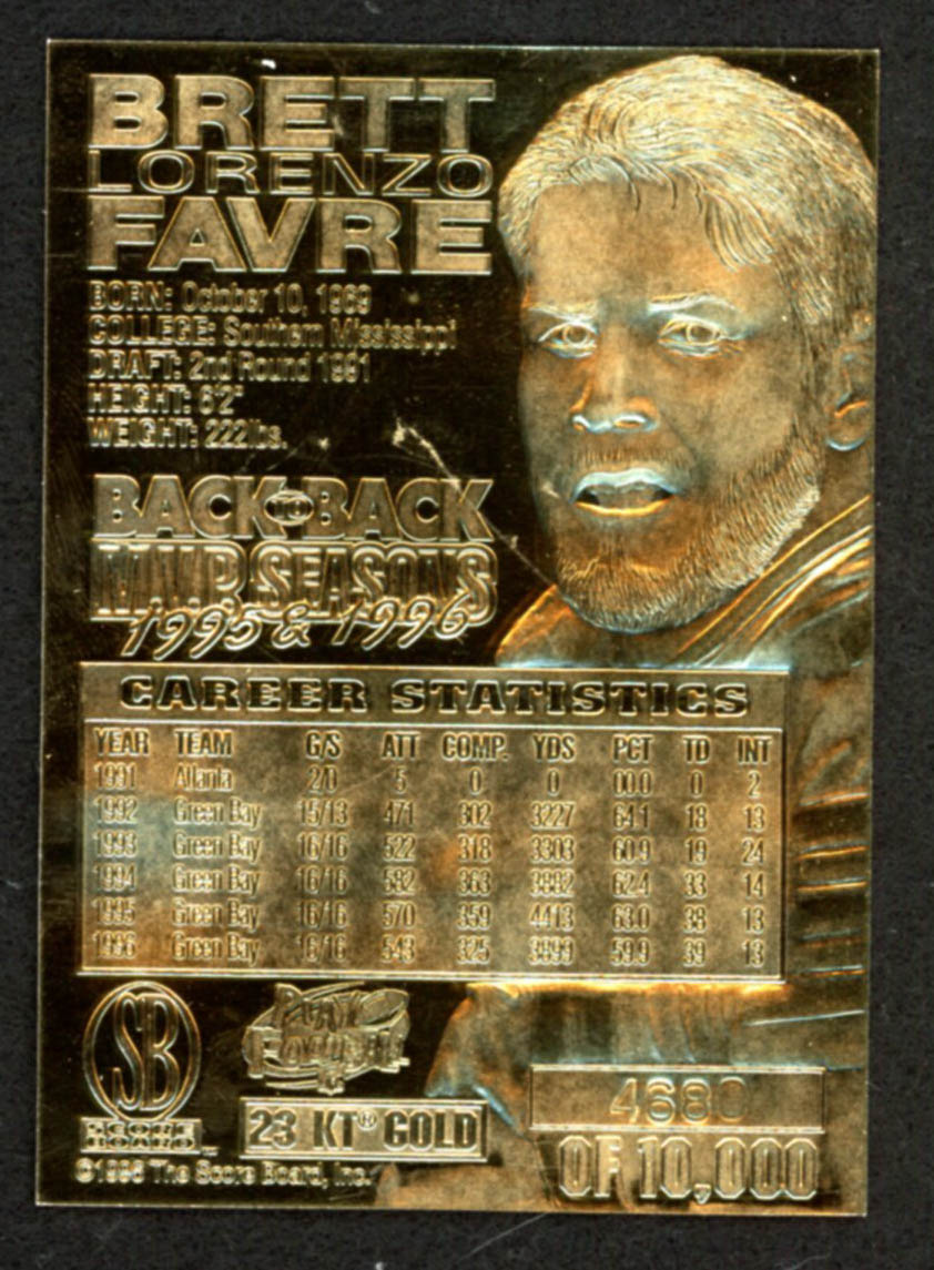 Brett Favre 1996 Score Board 23KT Gold Football Card at PristineAuction.com Brett Favre 1996 Score Board 23KT Gold Football Card at PristineAuction.com